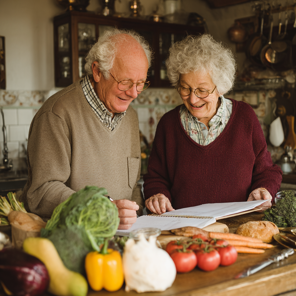 Smiling elderly European woman in kitchen with healthy foods, looking energetic and satisfied