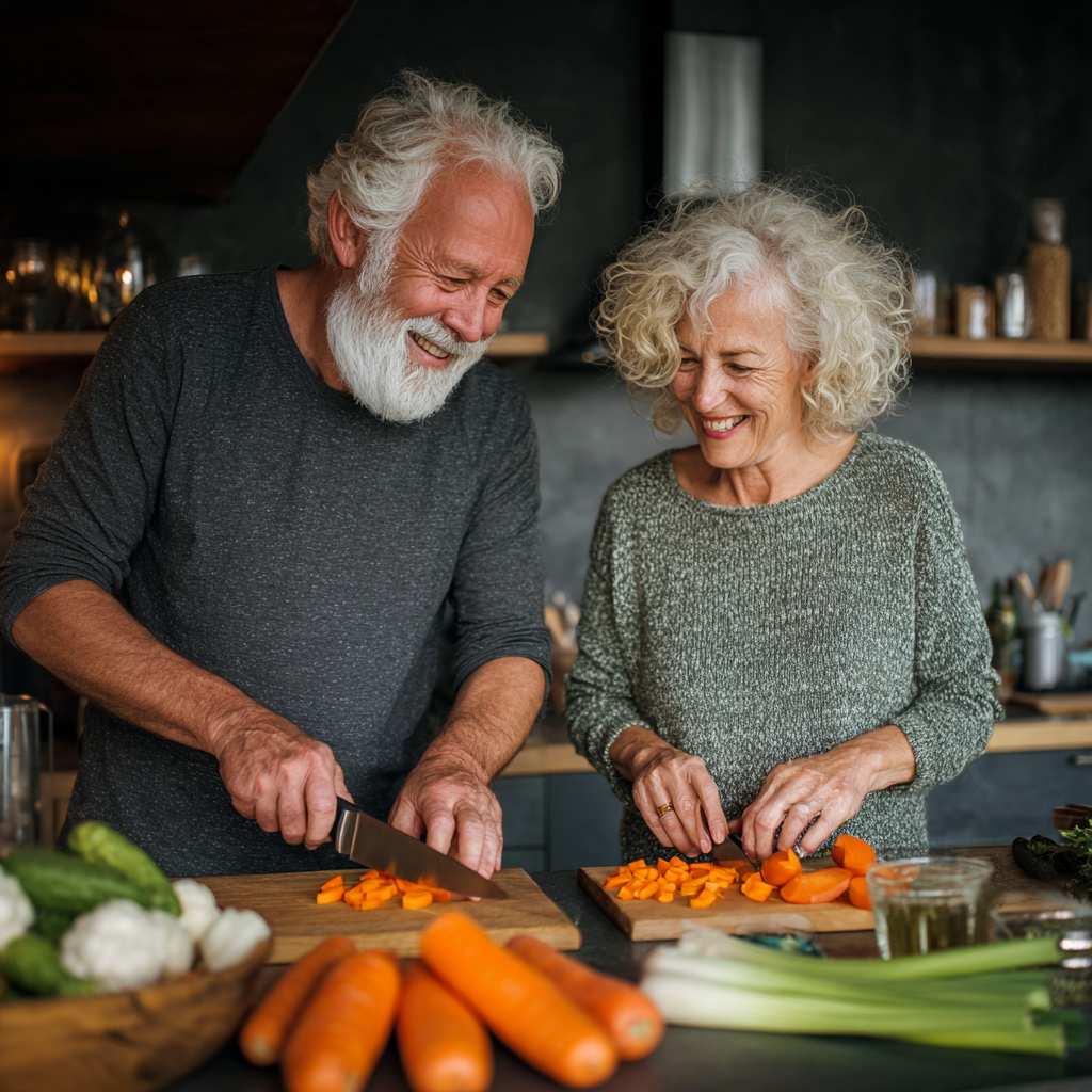 Happy elderly European man at farmers market holding fresh vegetables, showing vitality and health