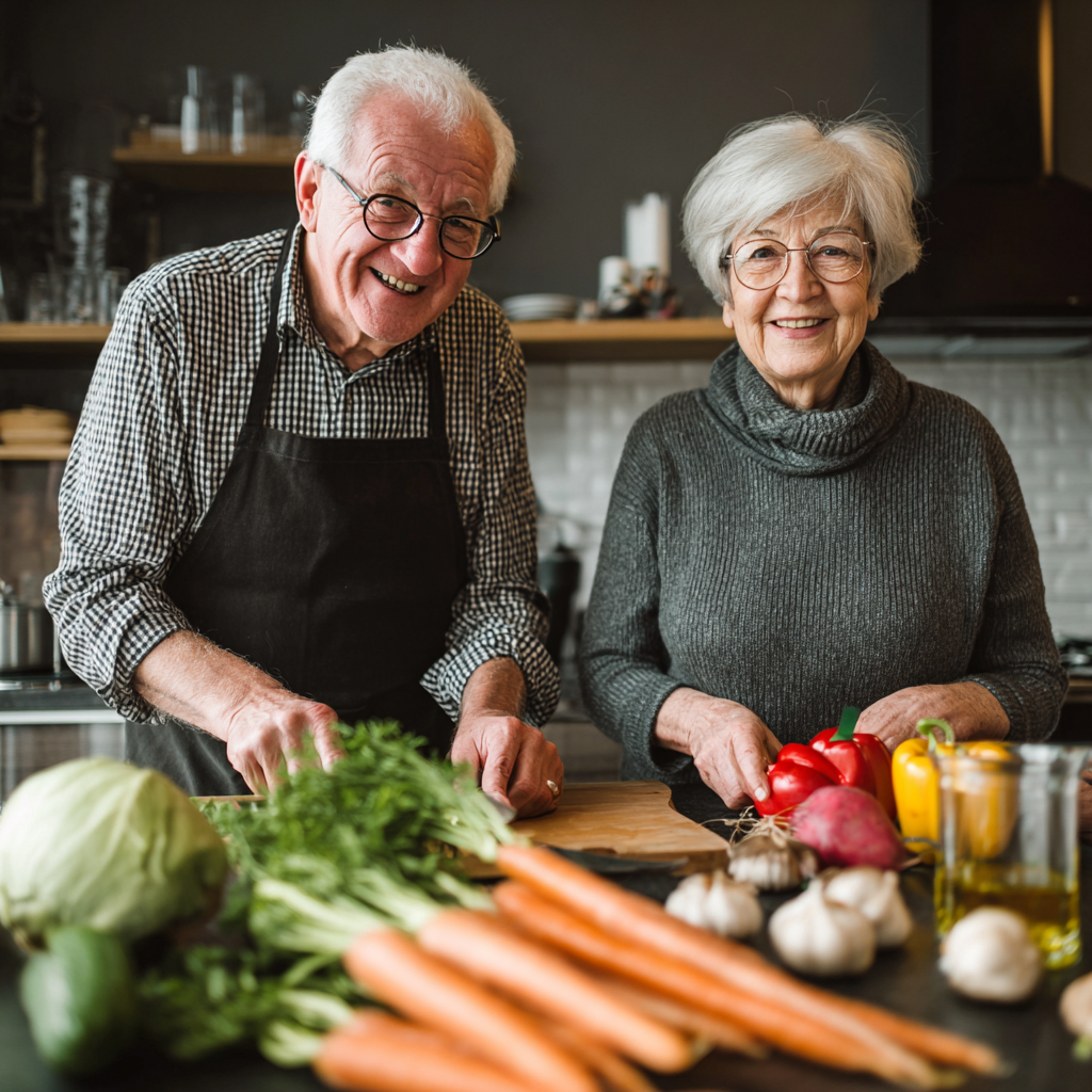 Cheerful elderly European couple preparing healthy meal together, demonstrating active lifestyle and wellness